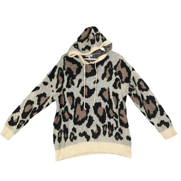 JODIFL Hooded Sweater Womens SZ M Angora Leopard Print Knit‎ Soft Animal Cozy - Picture 1 of 9